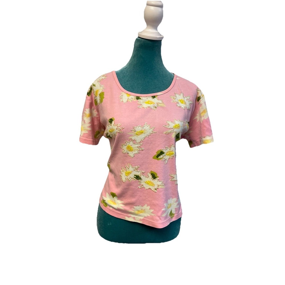 Nostalgia Womens XL Pink Floral Beaded Sequin Top 100% Cotton India‎ Cottagecore